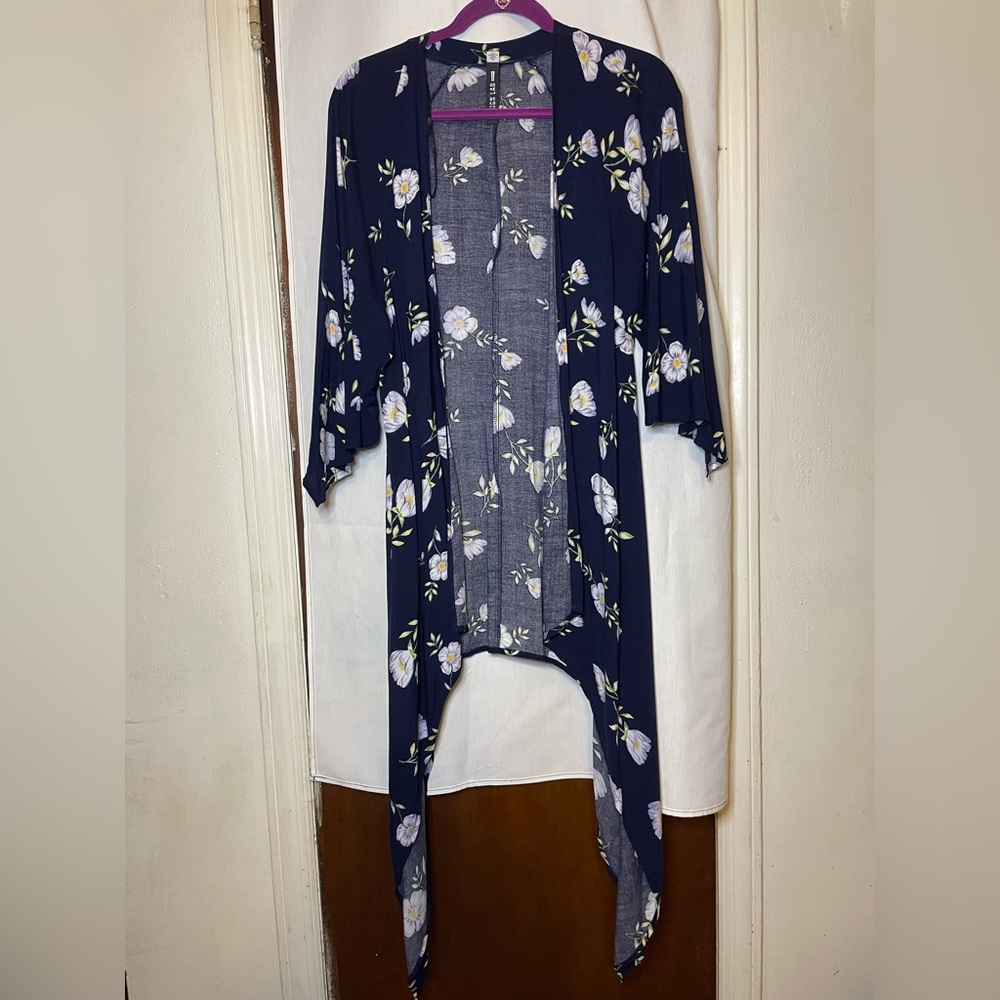 Design Lab Navy Blue High Low w White Floral Kimono Cardigan Cover Up Size S